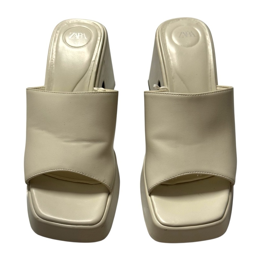 Zara Chunky Mule Heeled Platform Sandals Square Toe Cream EU 37 - Picture 3 of 9
